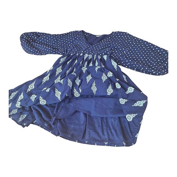 TALISMAN Gaia Dress Navy Blue 100% Cotton Lined Pockets Tie Back Embroidery  L - Picture 5 of 16